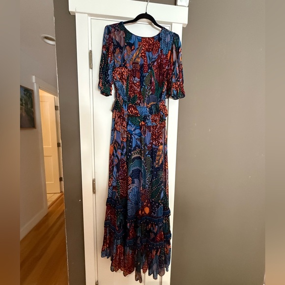 FARM Rio Blue Cool Leopard Ruffle Maxi Dress Size Small - Picture 6 of 11